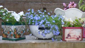 See how pretty junk can be! a couple of candy tins and an antique collander filled with masses of flowers...