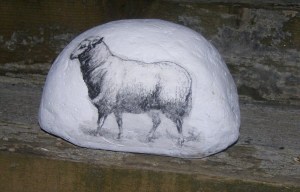 This is a gift for friends who have a sheep farm and have hospitably welcomed my friends and I every lambing season for the past several years. I used a transfer image from the Graphics Fairy and I used the same image on both sides of the rock